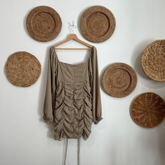 Kittenish Sage Green Lace Up Cinched Ruched Long Sleeve Mini Dress Medium - Picture 3 of 6